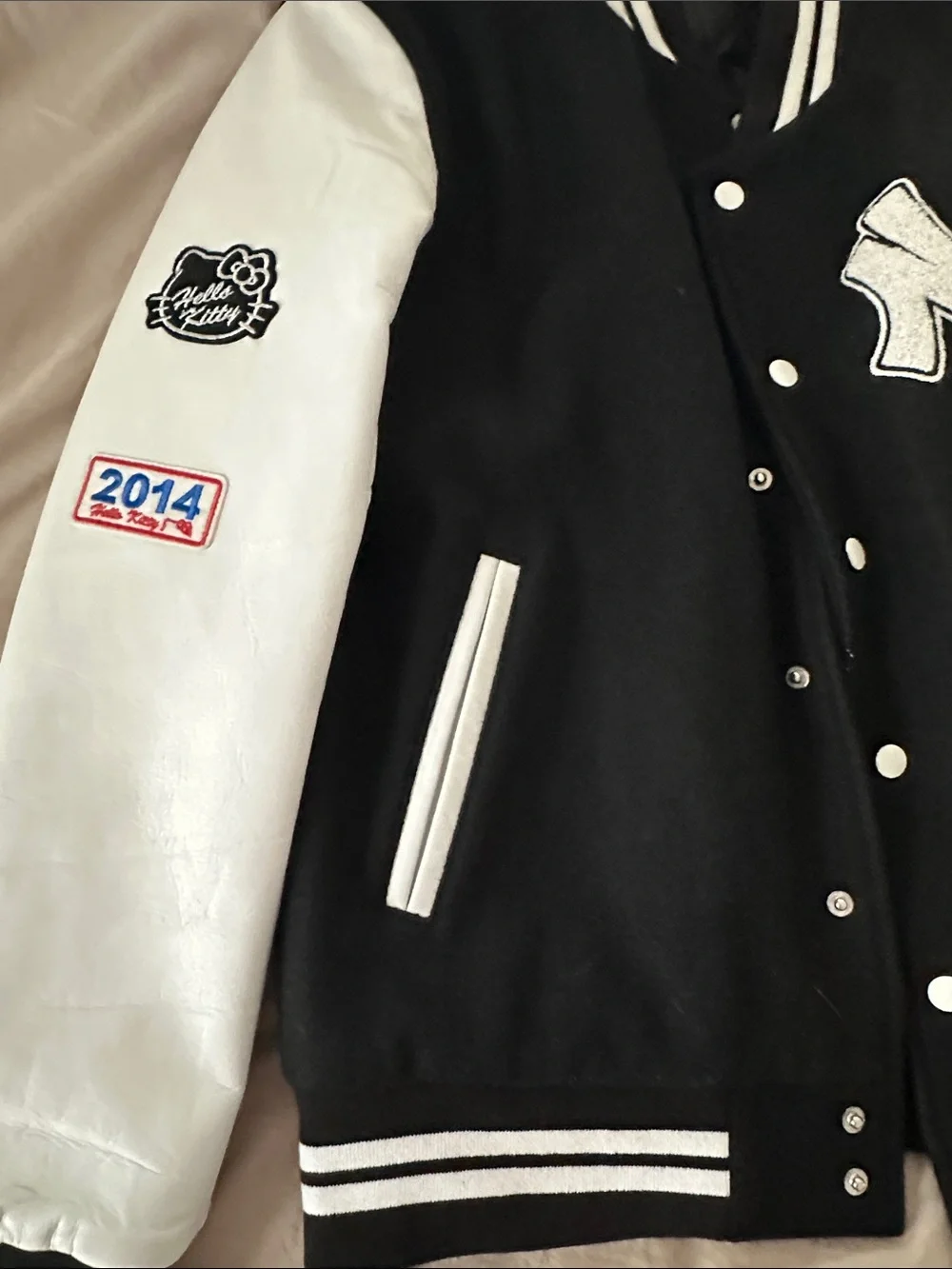 Black and White Varsity Jacket with NY Yankees and Hello Kitty Patch - Picture 6 of 6